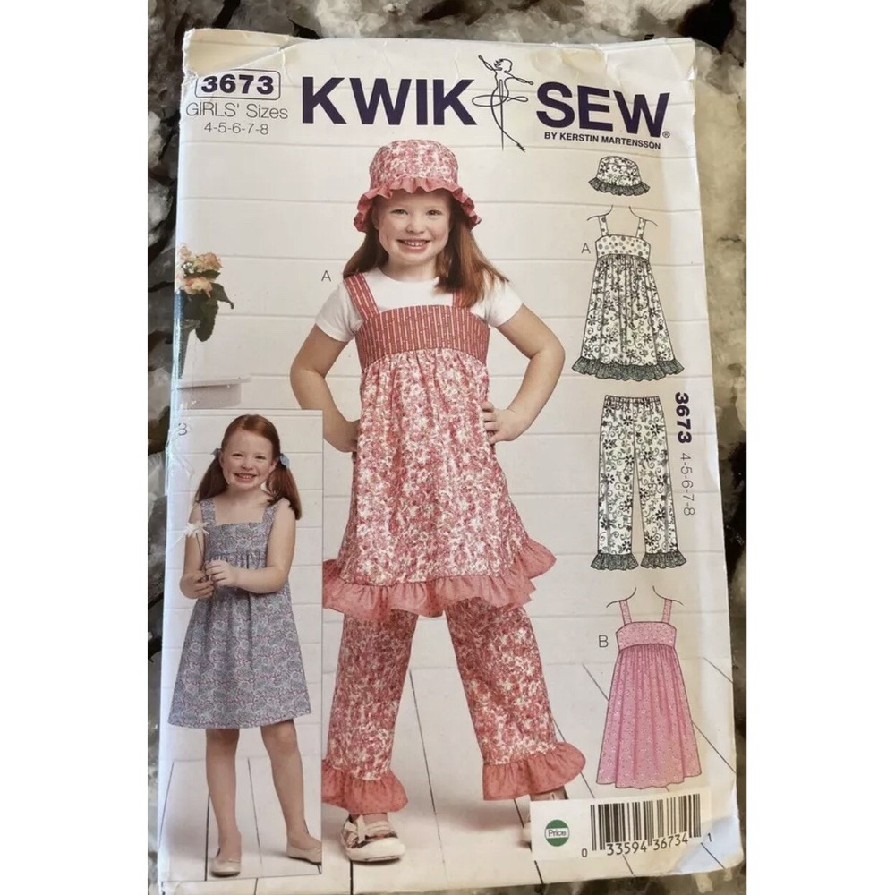 Kwik Sew Pattern 3673 Sugar & Spice Girl's Dress Pants Hat 4-5-6-7-8 CUT